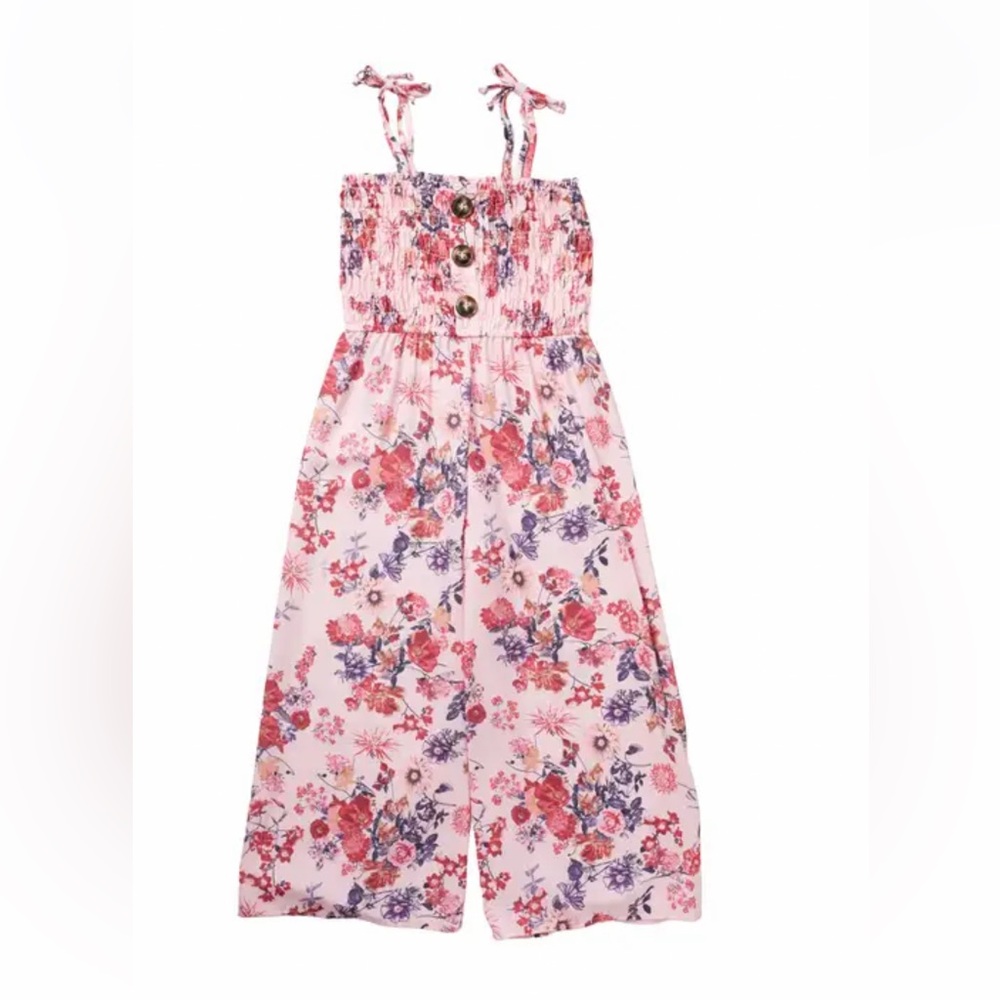 AVA & YELLY Smocked Bodice Floral Jumpsuit